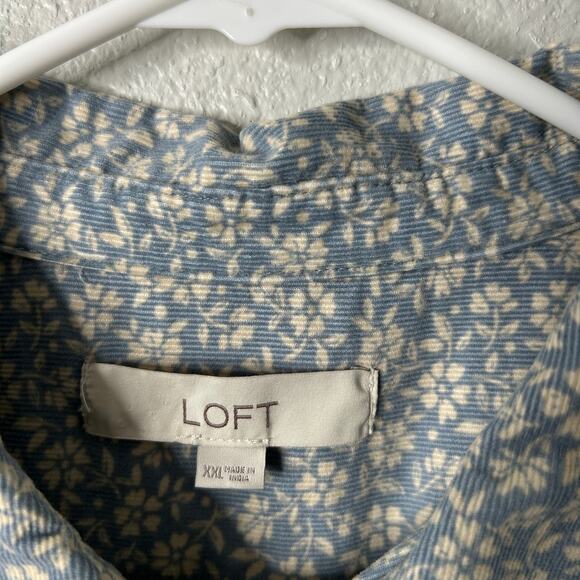 LOFT Floral Corduroy Tunic Button Up Shirt Blue Cream Size XXL - Picture 5 of 8